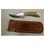 Stag Handle Knife With Leather Sheath