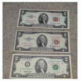 1953 & 1953A $2 US Notes  Red Seal&1995 $2 Fed.
