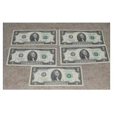 (5) 2017A $2 Unc. Consecutive Fed Reserve  Green
