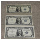 (3) 1957 $1 Silver Certificates  Blue Seals