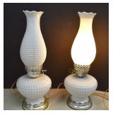 Two Vintage Milk Glass Hurricane Parlor Lamps