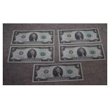 (5) Unc. Consec. Fed Reserve $2 Green Seals