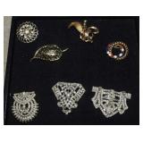 Four Vtg Brooches & Three Rhinestone Fur Clips