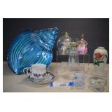 Vintage Glass Bells, Teacup & Saucer, Shell Candy