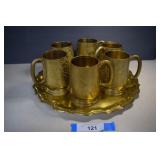 Six Vintage Hand Etched Brass Steins & Tray From