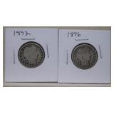 1892 & 1896 Barber Silver Quarters