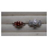 Two Costume Rings-Orange Stone Sz8, Pearl Sz 8-1/2