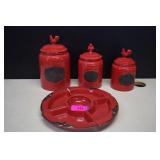 Three Red Ceramic Canisters & Chip & Dip Set