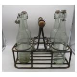 Vtg. Metal Bottle Carrier w/Wood Handle & Bottles