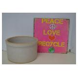 Vintage Heavy Crock Planter & Metal Sign