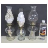 Three Vintage Different Oil Lamps & Bottle of Oil