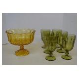 MISC Vintage Amber Glass Compote & Green Glasses