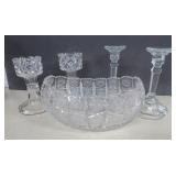 Bohemia Crystal Bowl and 4 Candlesticks - NOTE