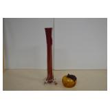 Vintage Hand Blown Red Glass Vase & Amber Glass-