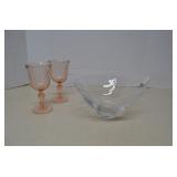 Vintage Lot 2 Pink Glasses & Clear Etched Bowl