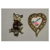 Two Vtg Brooches - Gerry's Jelly Belly Owl &