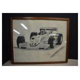 Framed & Signed Indy Car Pencil Sketch 21x17'