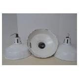 Lot 3 Vintage White Enamel Barn Lights & Drill Bit