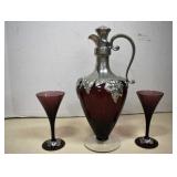 Vintage Amethyst & Pewter Decanter & 2 Glasses