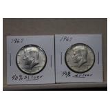 Two 1967 Kennedy 40% Silver Half Dollars