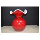 Large Red Cased Glass Ruffle Top Vase