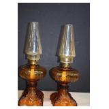 Two Vintage Amber Princess Feather Hurricane Oil