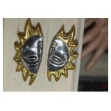 Sterling & Brass Half Sun Face Clip Earrings