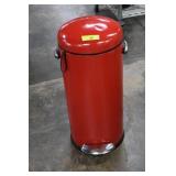 Red Metal Flip Lid Trash Can. Flip Works Well