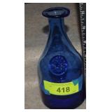 Blue Blown Glass Bottle w/ Applied Flower Design
