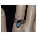 Sterling Onyx, Lapis, Turq, Pink Inlay Stone Ring