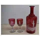 Mary Gregory Style Cranberry Hand Painted Decanter