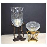 Two Crystal Candle Lamps On Brass & Metal Bases