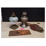 Two Vintage Oil Lamps, Bellows & License Plate