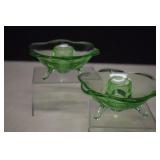 Two Fostoria Green Uranium Glass Footed Candle
