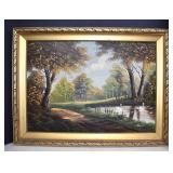 Signed Oil Painting Of Lake Landscape In Ornate