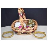 Vtg. Hand Woven Basket,Soap Dishes & Guest Soaps