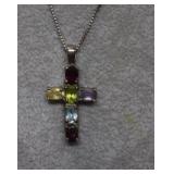 Sterling Box Chain & Semi-Precious Stone Cross