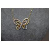 Sterling Tri-Tone Butterfly Necklace w/ CZ