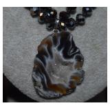 Black Faceted Beaded Necklace w/ Druzy Pendant