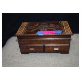 Wooden Carved Box w/ Costume Jewelry