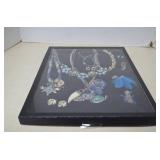 Lot Blue Tone Jewelry In Glass Case -