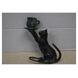 Vintage Patina Bronze Cat Holding Tea Cup Candle