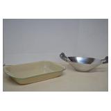 Vintage Metal Enamel Bake Pan and Metal Decor Bowl