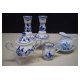 Five Pieces Of Blue And White Vintage Glass Decor