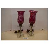 Vintage Pair of Etched Cranberry Glass Lamps