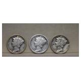Three Mercury Silver Dimes 1929, 1938 & 1945D