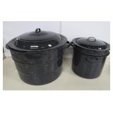 Two Large Black Enamel Stock Pot and Steamer
