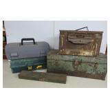 Five Rusty Assorted Tool, Tackle and Ammo Boxes