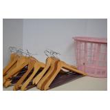 Lot Of 25 Wood Hangers & Plastic Laundry Basket
