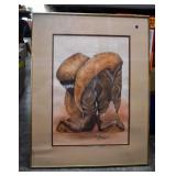 Framed Cowboy Boots Print,Glass Chipped,See Photos